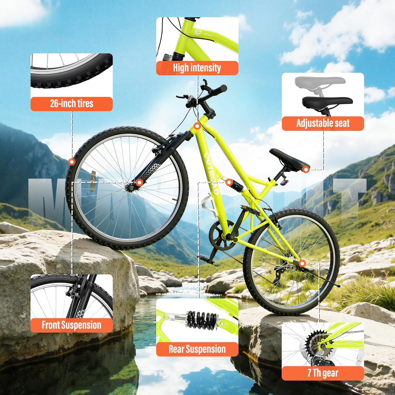 26" Mountain Bike, 7-Speed Lightweight High-Carbon Steel Frame, V Brakes & Front Suspension - Adjustable Ergonomic Seat for Men & Women(Quick Assembly, Multiple Colors) - Image 4